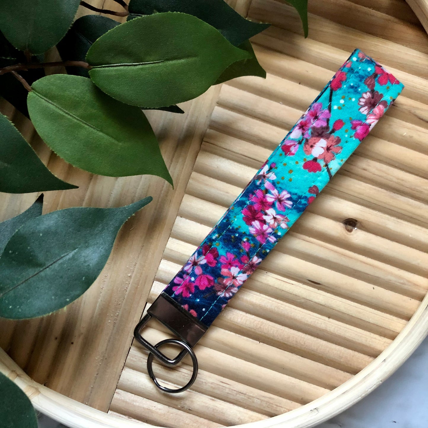 Cherry Blossom Print Fabric Wristlet Keychain, Key Fob