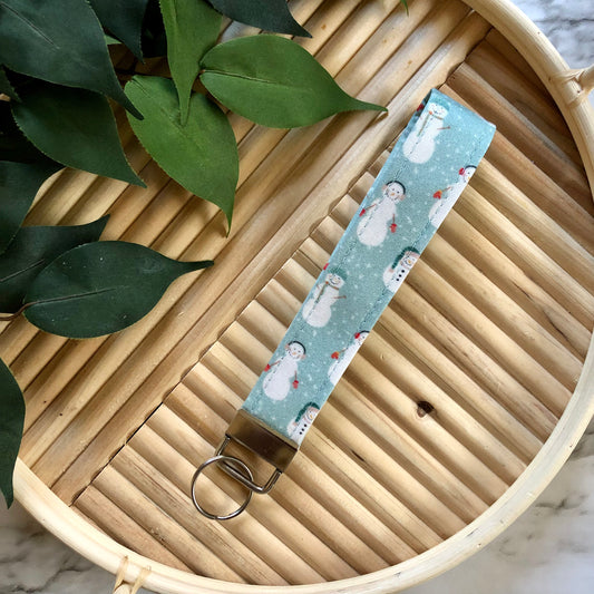 Blue Snowman Print Fabric Keychain, Key Fob