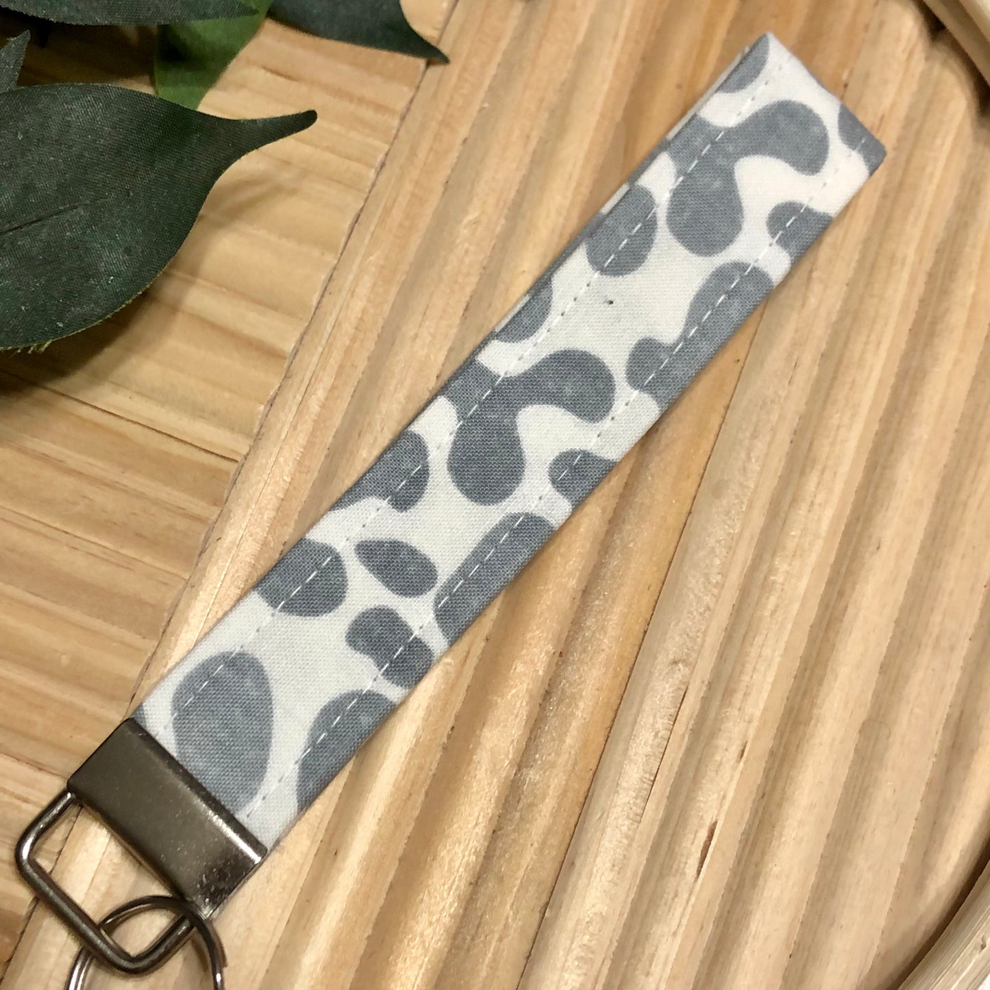 Grey Cow Print Fabric Wristlet Keychain, Key Fob