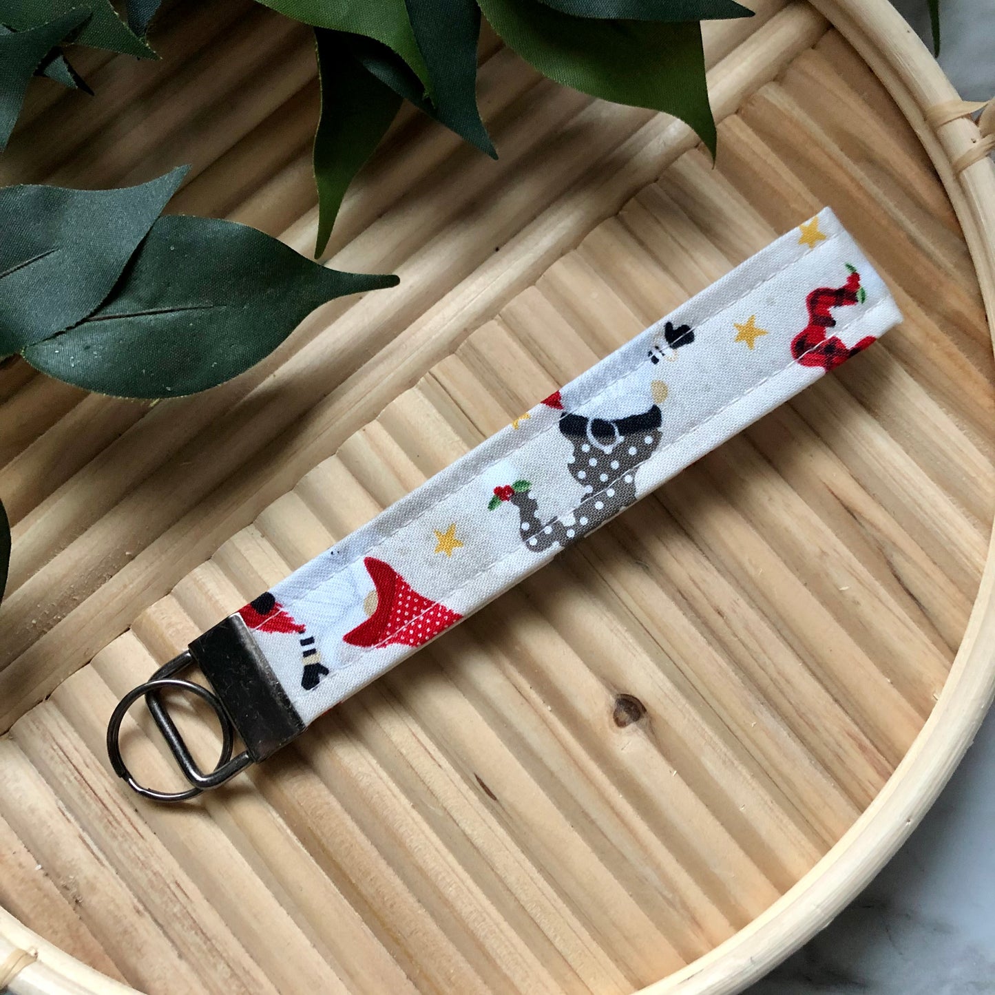 Merry Gnomes Print Fabric Wristlet Keychain, Key Fob
