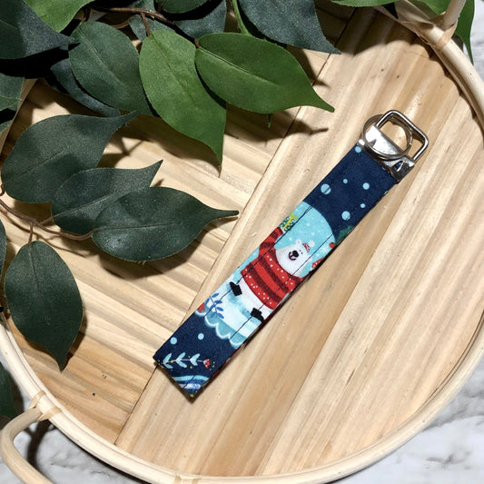 Polar Bear Snow Globe Print Fabric Wristlet Keychain, Key Fob