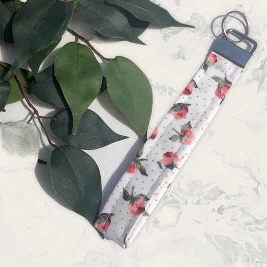 Floral with Polka Dot Print Fabric Keychain, Key Fob