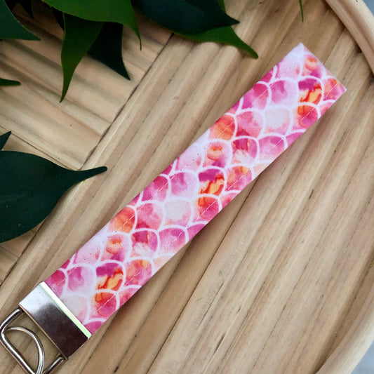 Pink Watercolor Mermaid Scale Print Fabric Wristlet Keychain, Key Fob