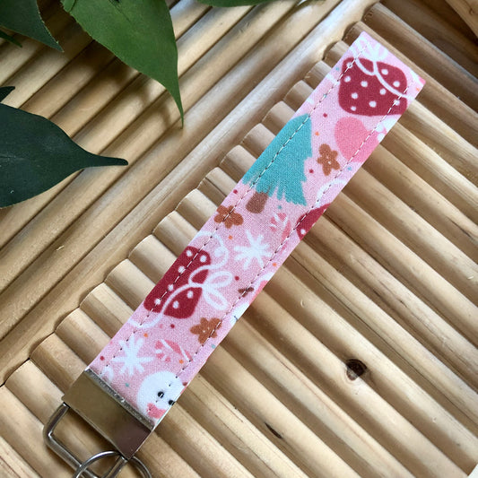 Pink Christmas Print Fabric Keychain, Key Fob