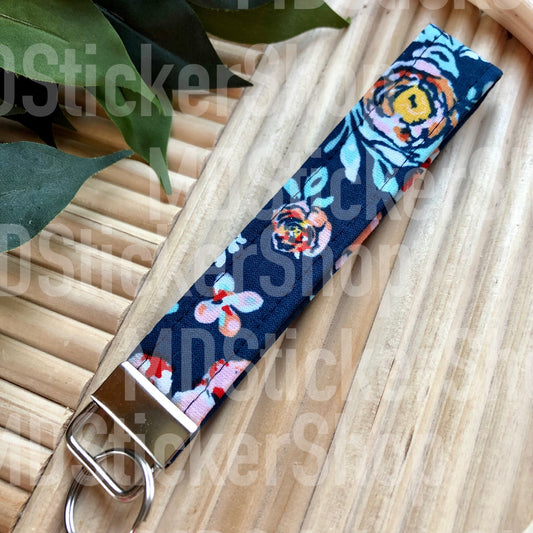 Navy Abstract Floral Print Fabric Keychain