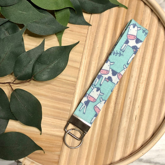 Cartoon Cow Print Fabric Wristlet Keychain, Key Fob