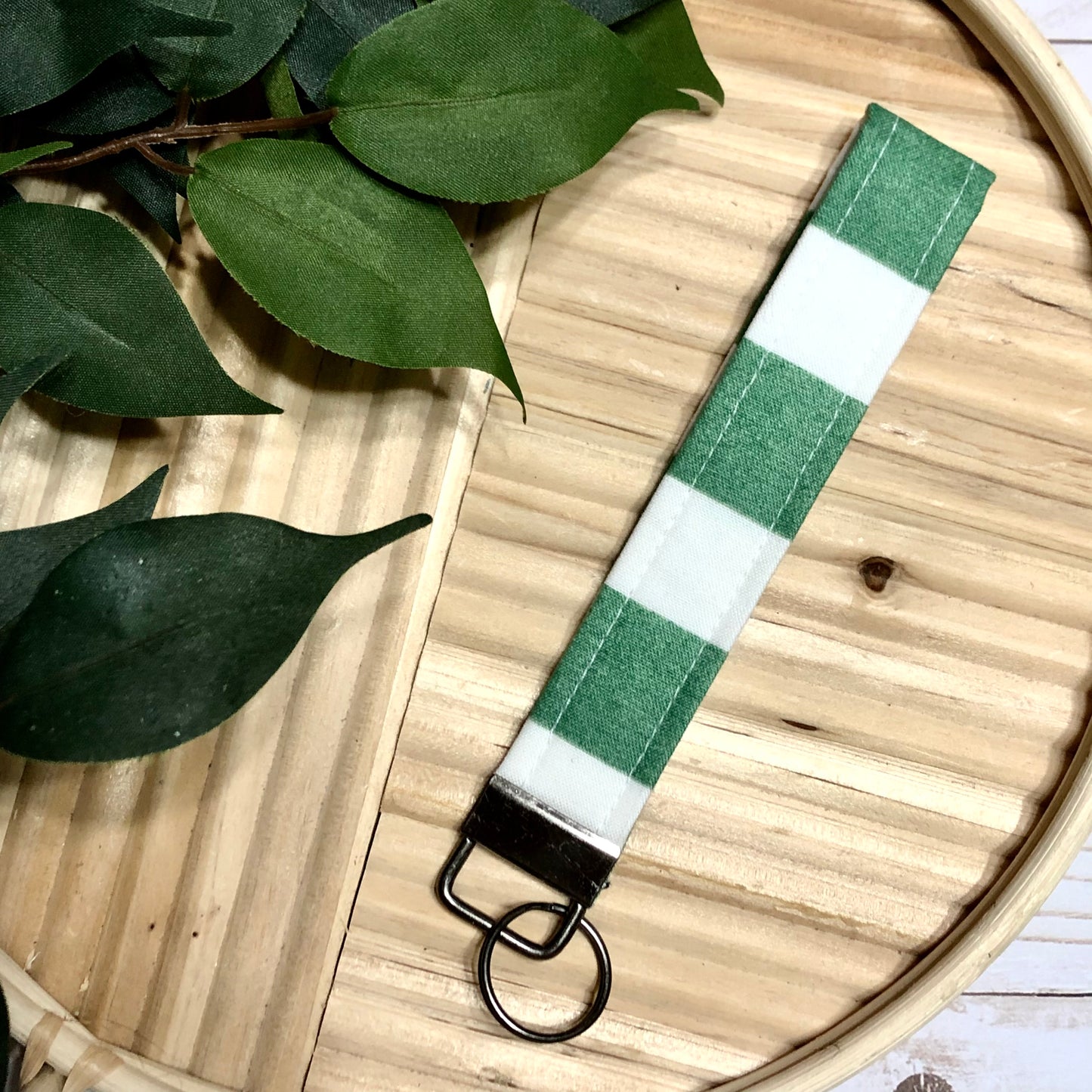 Green and White Striped Print Fabric Wristlet Keychain, Key Fob