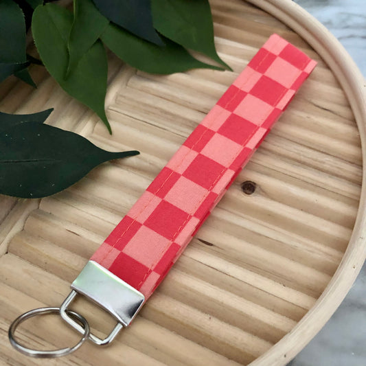 Pink Checkered Print Fabric Wristlet Keychain, Key Fob