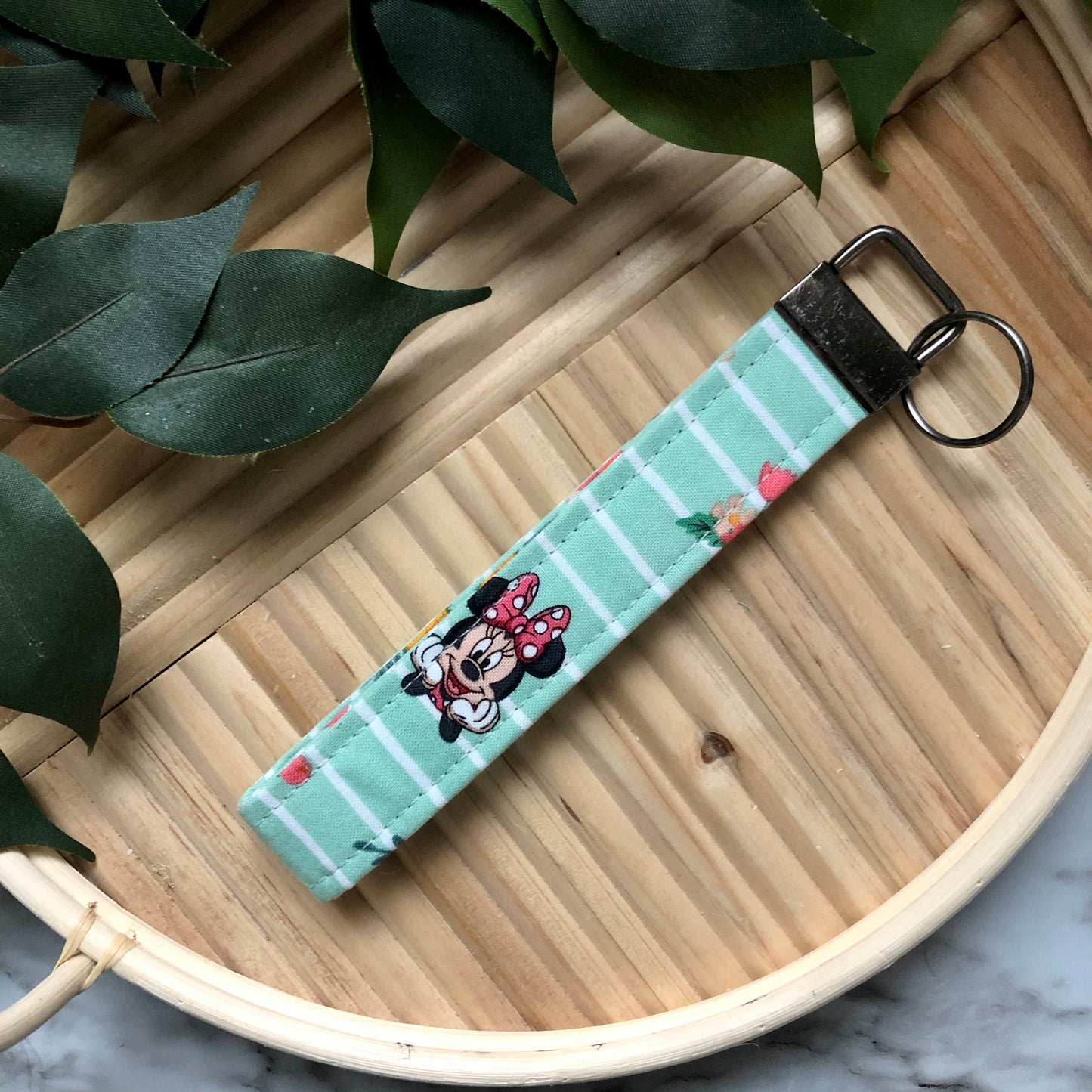 Floral Mint Minnie Mouse Print Fabric Wristlet Keychain, Key Fob