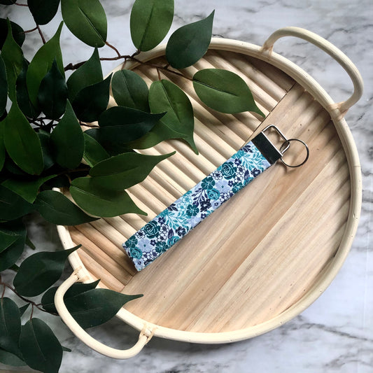 Blue Floral on White Print Fabric Wristlet Keychain, Key Fob