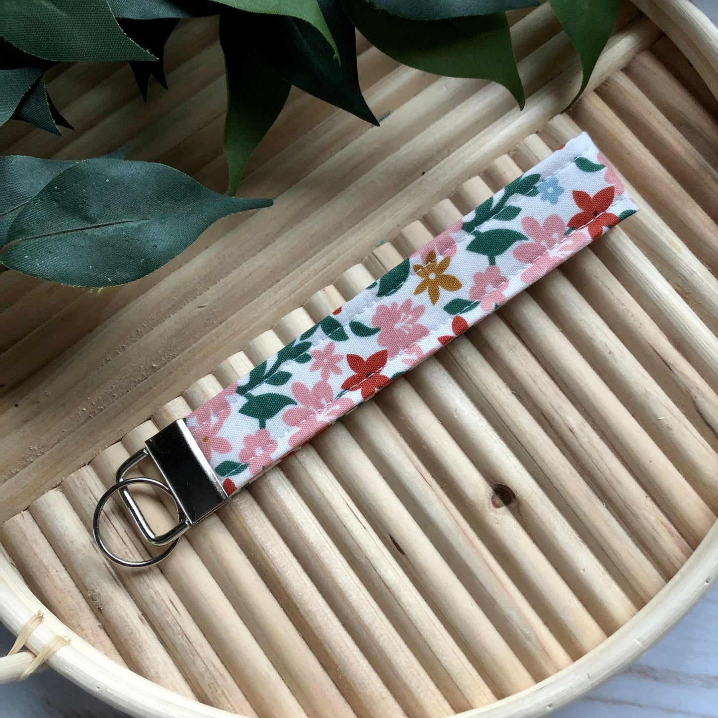 Pink Vintage Floral Print Fabric Wristlet Keychain, Key Fob