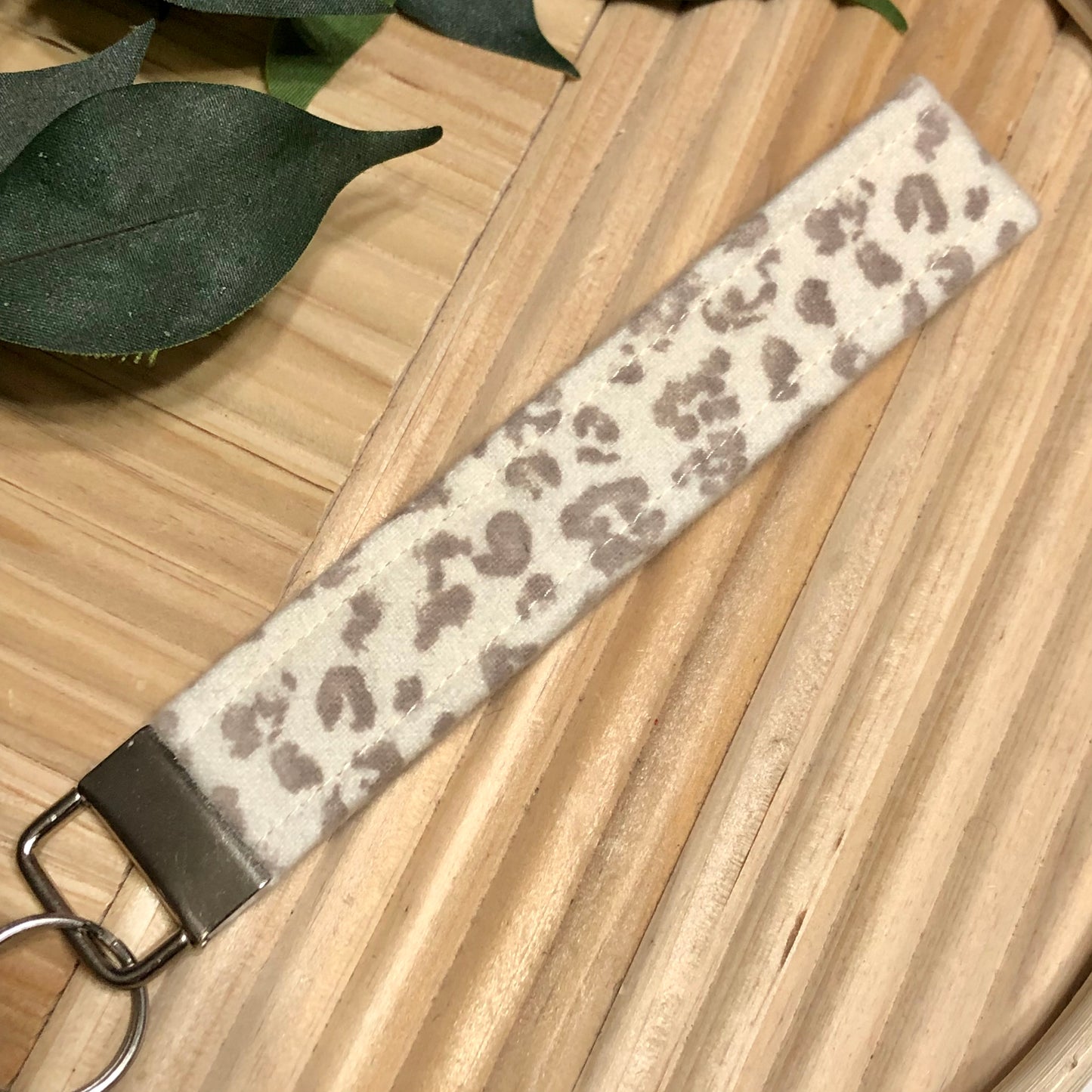 Neutral Cheetah Print Flannel Fabric Wristlet Keychain, Key Fob
