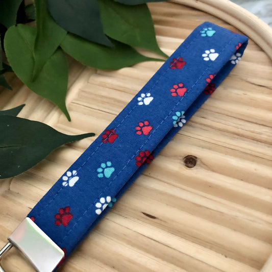 Colorful Paw Print on Blue Fabric Wristlet Keychain, Key Fob