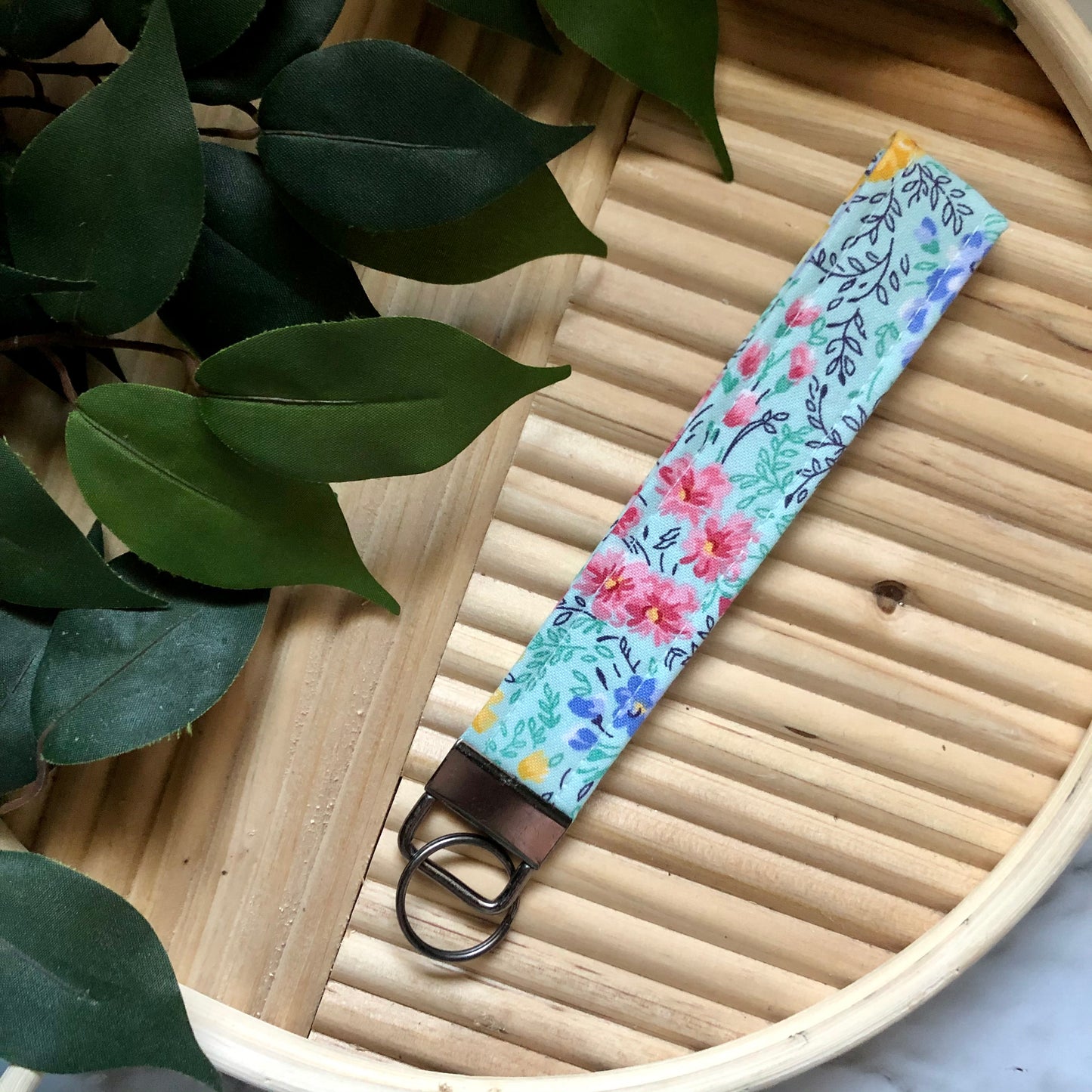 Aqua Watercolor Floral Print Fabric Wristlet Keychain, Key Fob