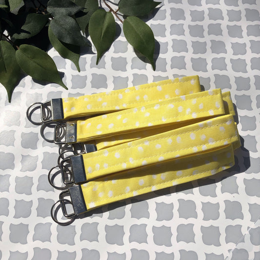 Yellow Polka Dot Print Fabric Wristlet Keychain, Key Fob