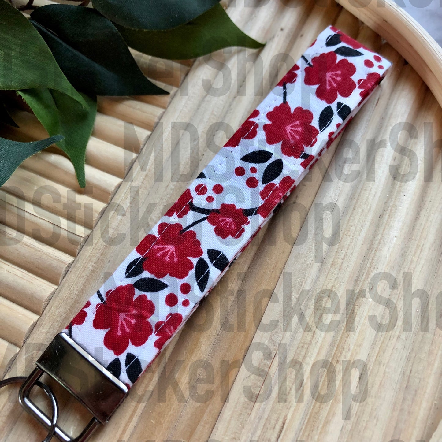 Red Floral Print Fabric Keychain