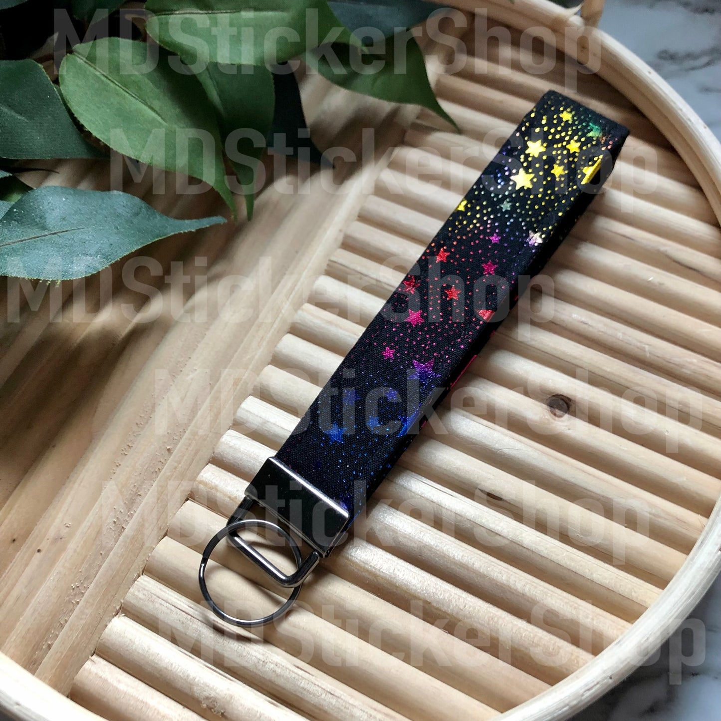 Metallic Rainbow Stars on Black Print Fabric Keychain