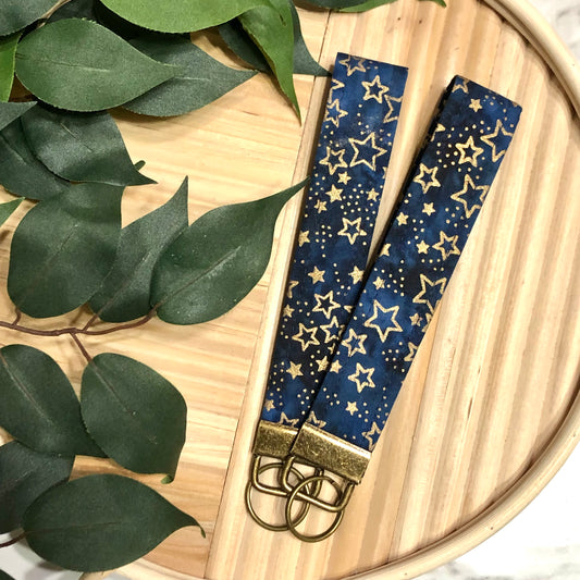 Patriotic Dark Navy & Gold Stars Print Fabric Wristlet Keychain, Key Fob