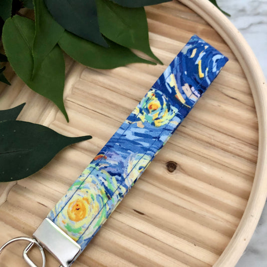 Abstract Blue Print Fabric Wristlet Keychain, Key Fob