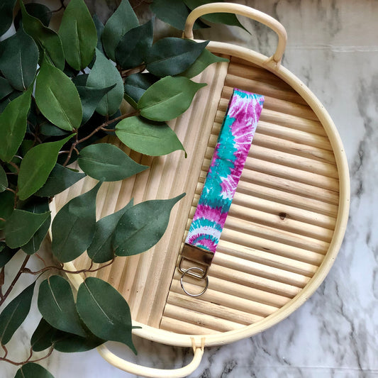 Magenta, Teal, and White Tie Dye Print Wristlet Keychain, Key Fob