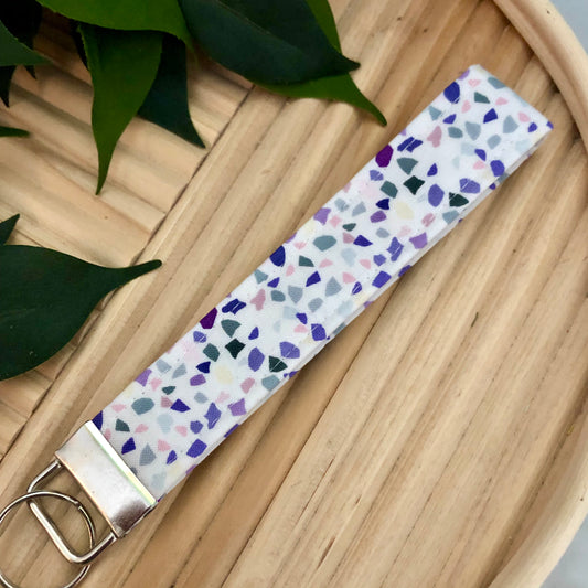 Purple Terrazzo Print Fabric Wristlet Keychain, Key Fob