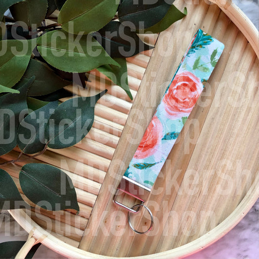 Florals and Feathers Print Fabric Keychain