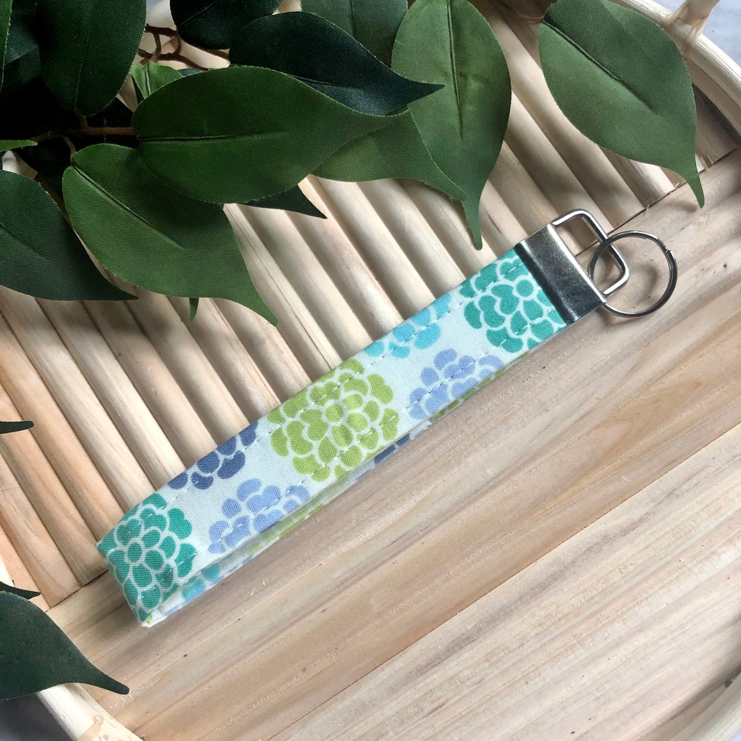 Blue, Green, and Purple Succulent Print Fabric Wristlet Keychain, Key Fob