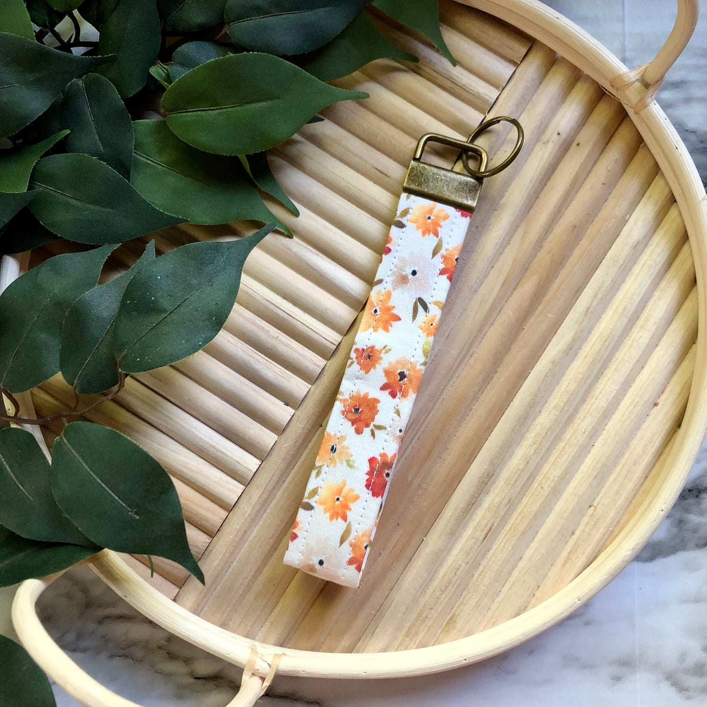Warm Floral Print Fabric Wristlet Keychain, Key Fob