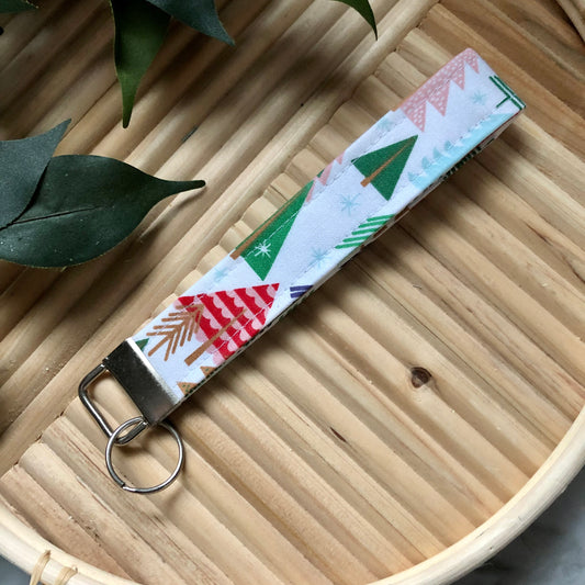 Colorful Winter Trees Print Fabric Wristlet Keychain, Key Fob