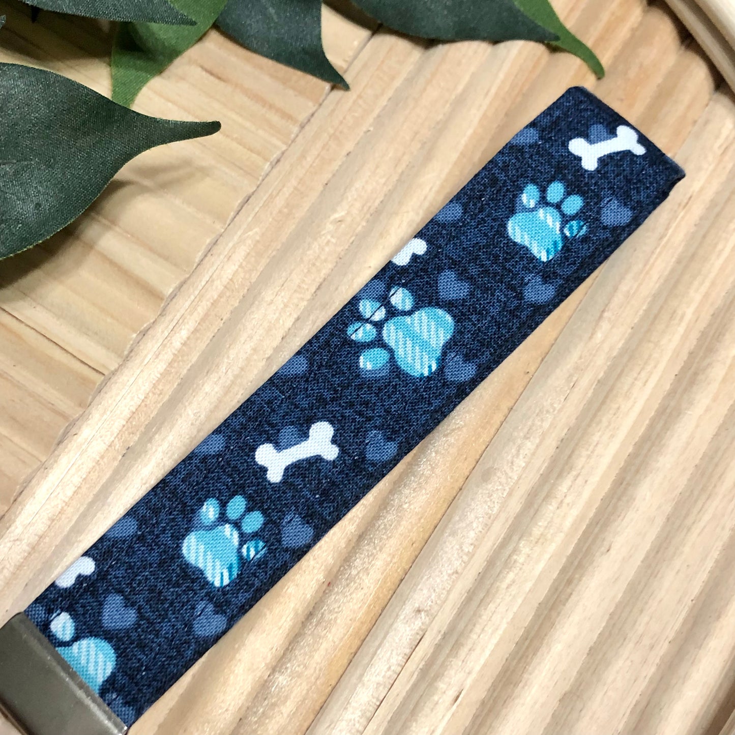 Blue Pup Print Fabric Wristlet Keychain, Key Fob