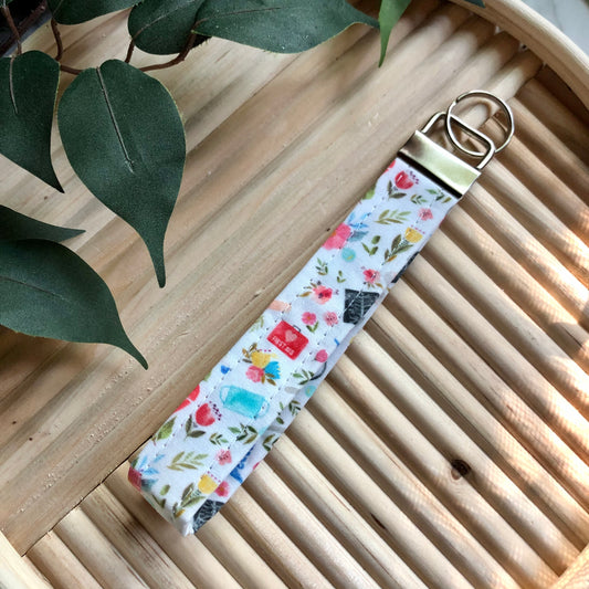 White Floral Medical Print Fabric Wristlet Keychain, Key Fob