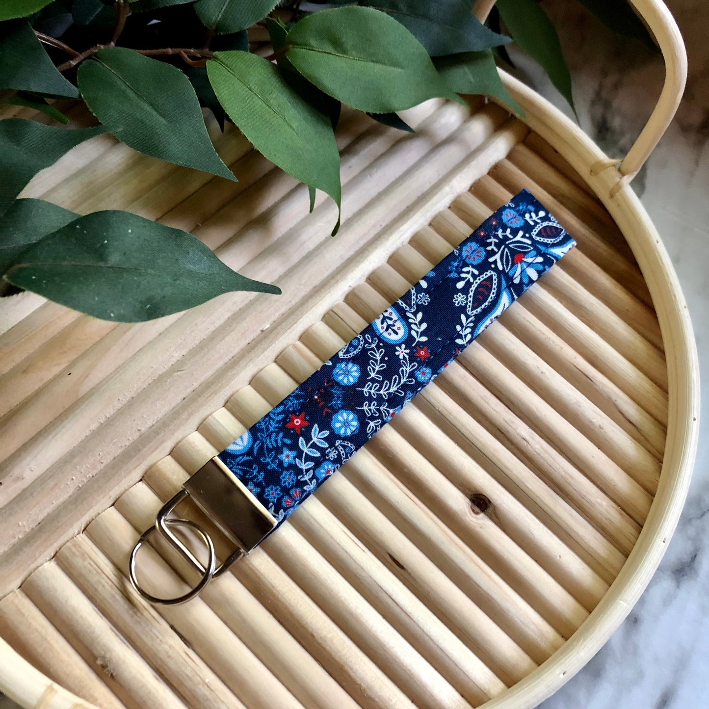 Blue, Red, and White Floral Paisley Print Fabric Keychain, Key Fob, Hanker-chief Print