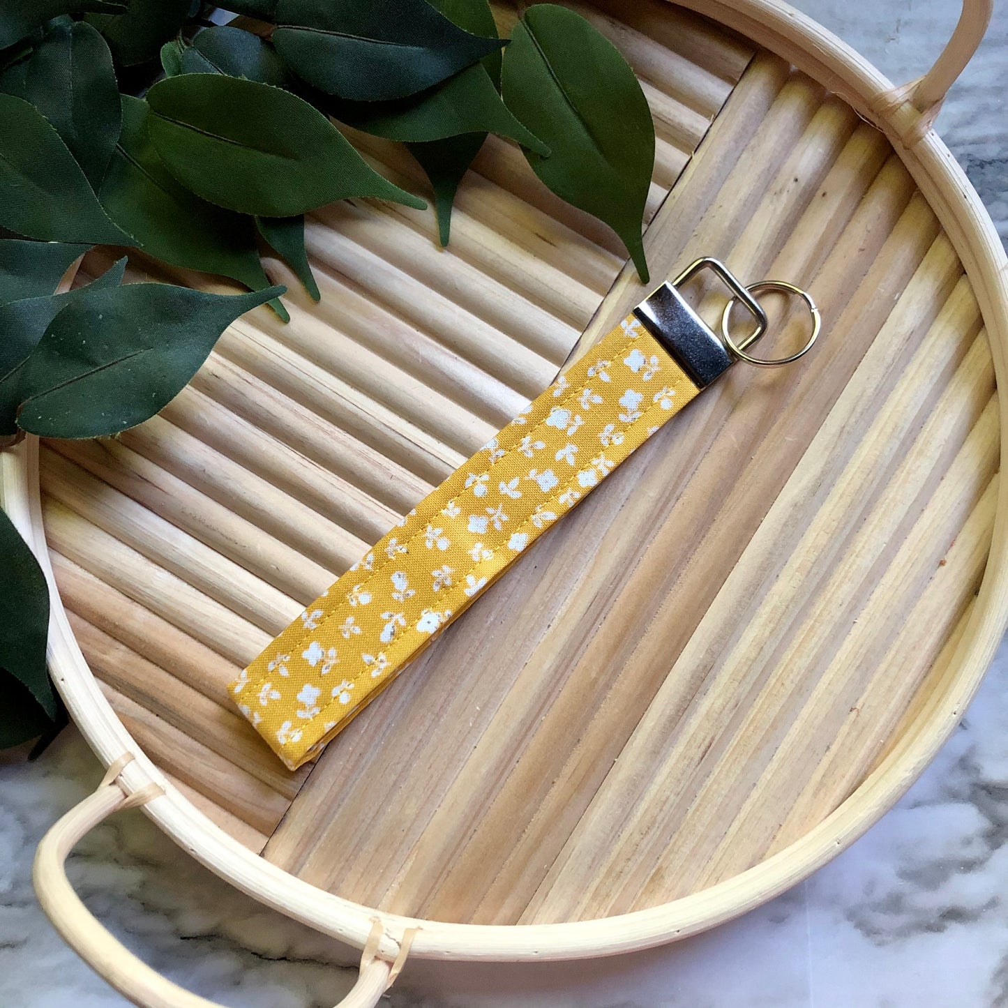 Mustard Yellow Floral Print Fabric Wristlet Keychain, Key Fob