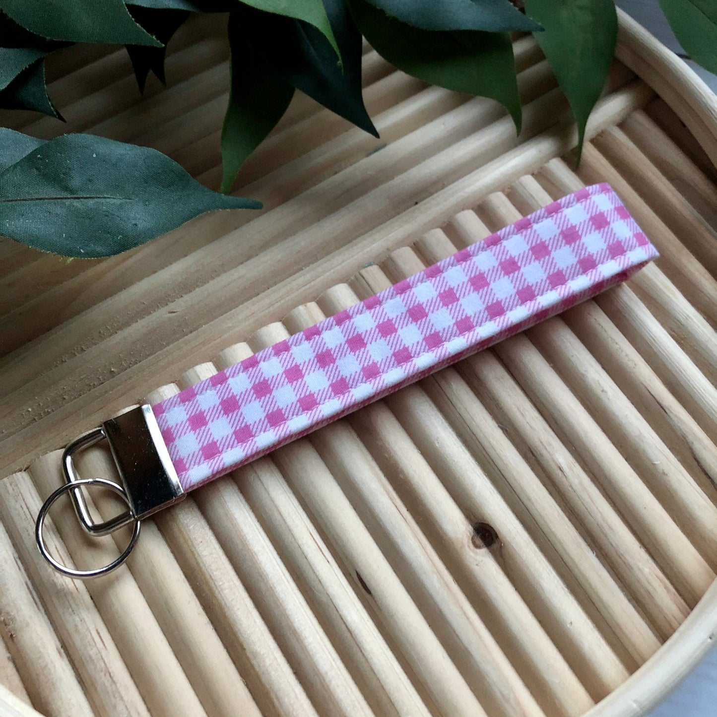 Dark Pink Gingham Print Fabric Wristlet Keychain, Key Fob