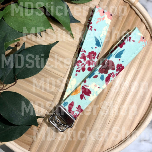 Abstract Florals on Light Blue Print Fabric Keychain