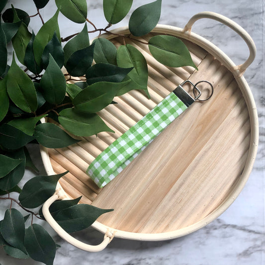 Green and White Gingham Print Fabric Wristlet Keychain, Key Fob