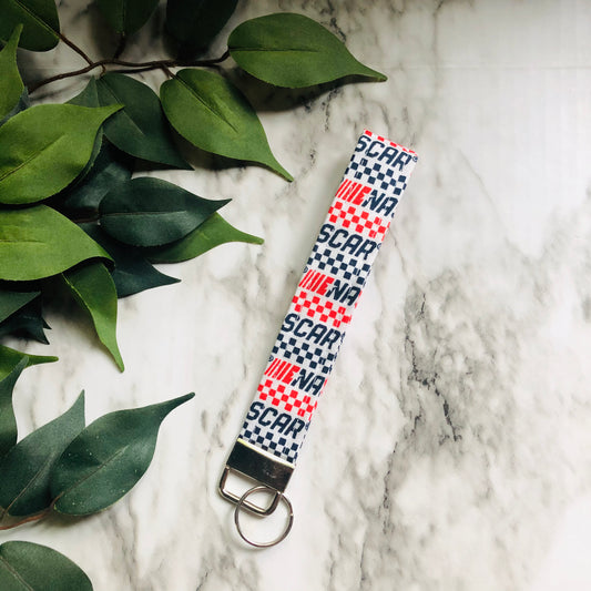 Black, White, and Red NASCAR Print Fabric Keychain, Key Fob