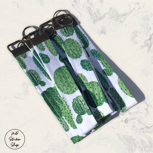 Green and White Cacti Print Fabric Wristlet Keychain, Key Fob