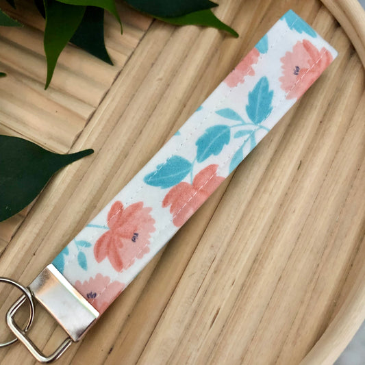 Soft Pink Watercolor Print Fabric Wristlet Keychain, Key Fob