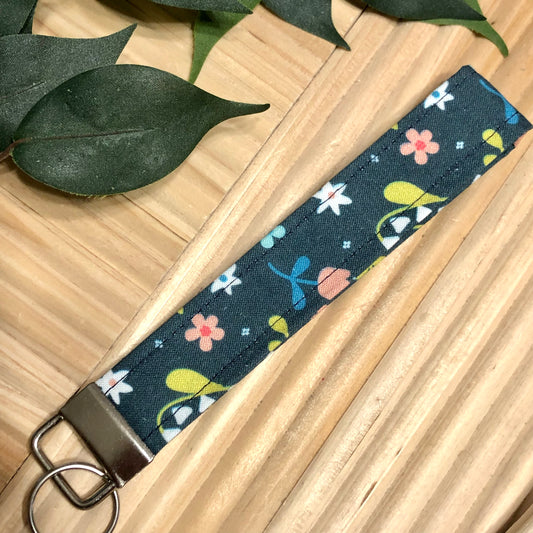 Basic Navy Floral Print Fabric Wristlet Keychain, Key Fob