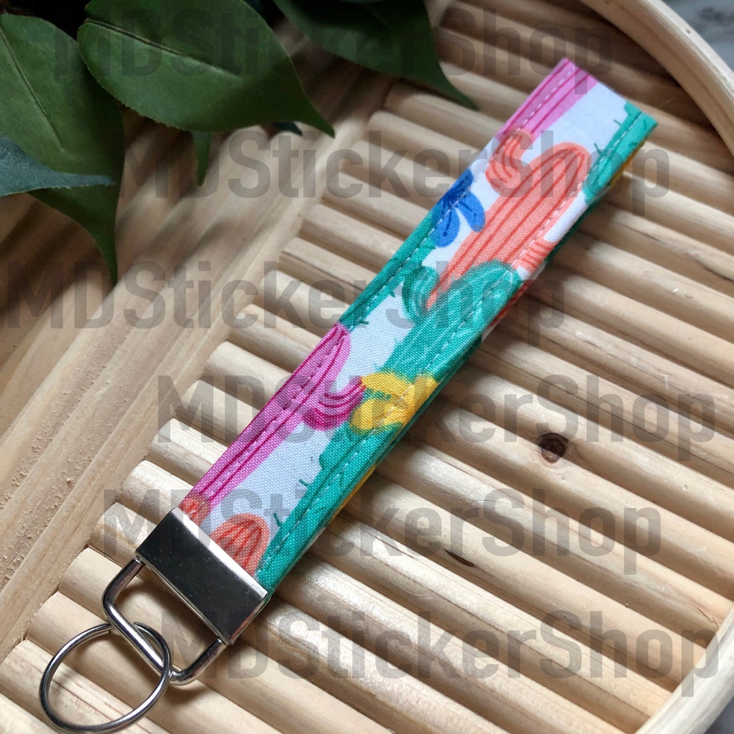 Colorful Cactus Print Fabric Keychain