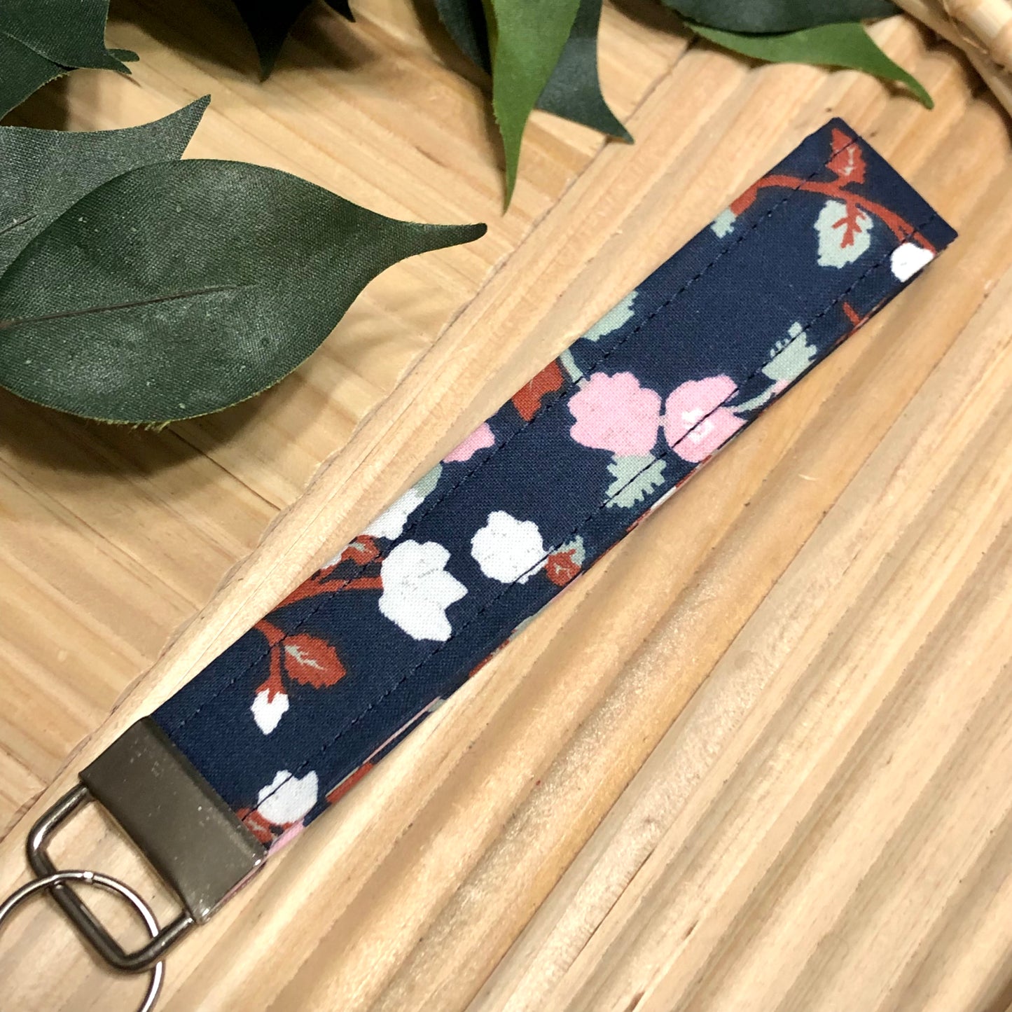 Navy Floral Vine Print Fabric Wristlet Keychain, Key Fob