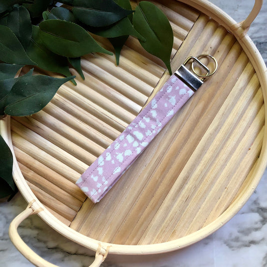 Mauve and White Spotted Print Fabric Wristlet Keychain, Key Fob