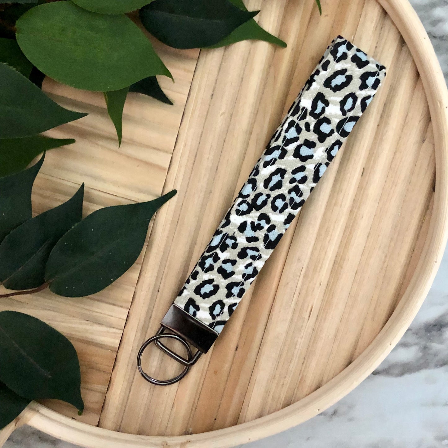 Grey/White/Blue Leopard Print Fabric Wristlet Keychain, Key Fob