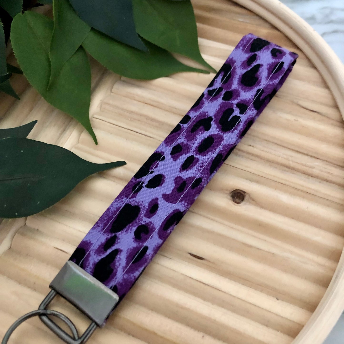 Purple Cheetah Print Fabric Wristlet Keychain, Key Fob