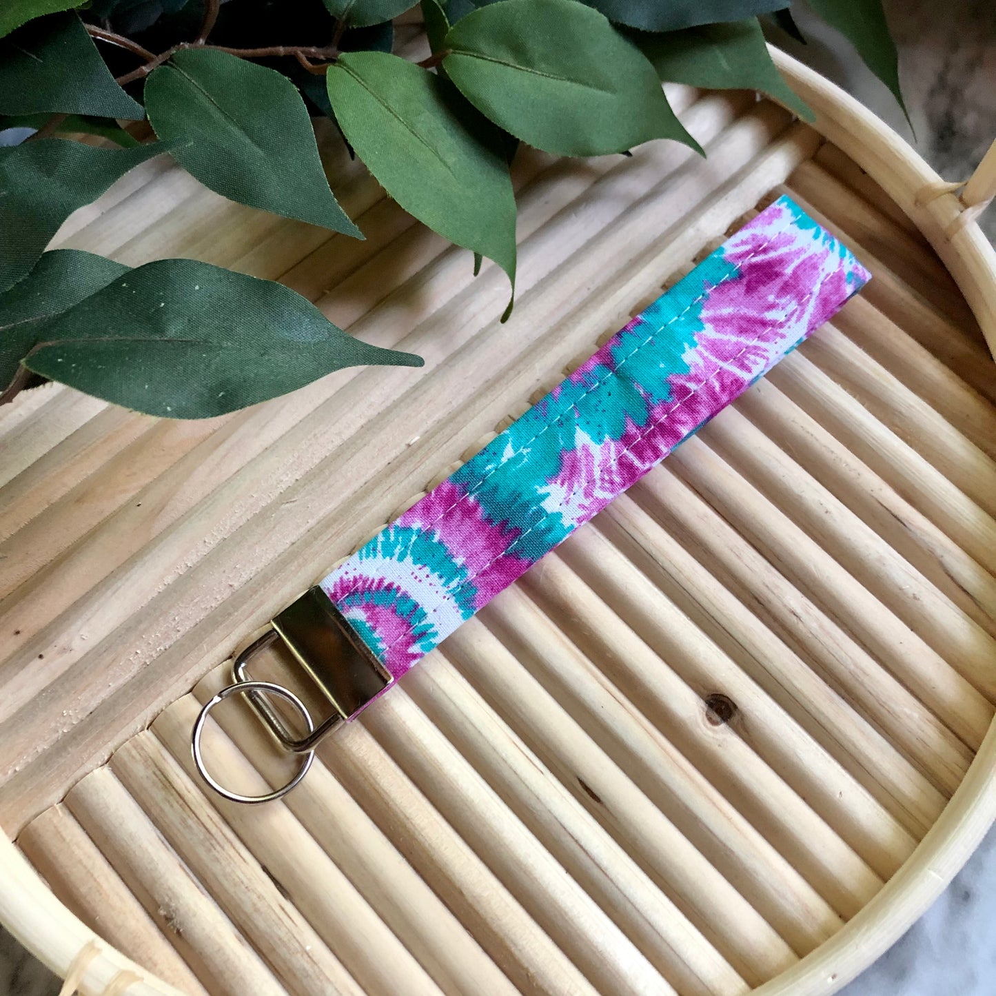 Magenta, Teal, and White Tie Dye Print Wristlet Keychain, Key Fob