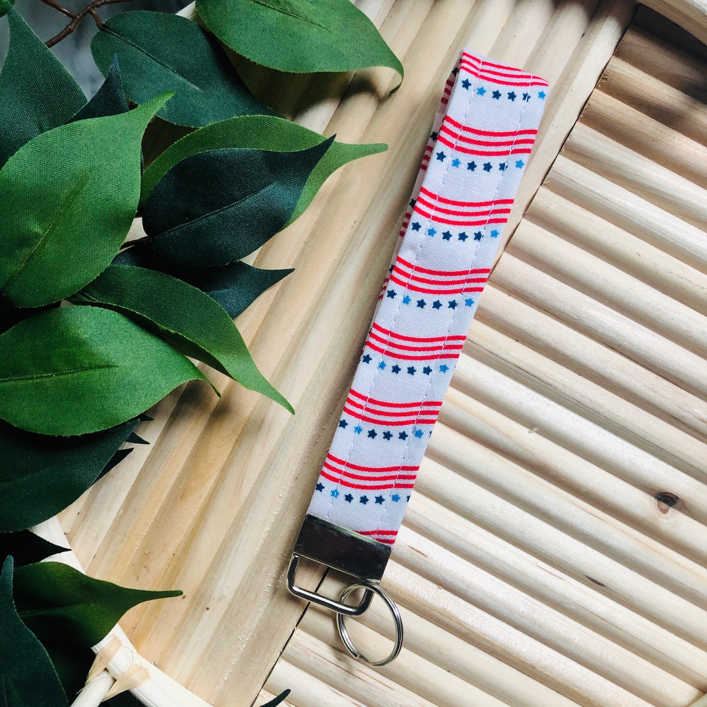 White Swirled Stars and Stripes Patriotic Print Fabric Wristlet Keychain, Key Fob