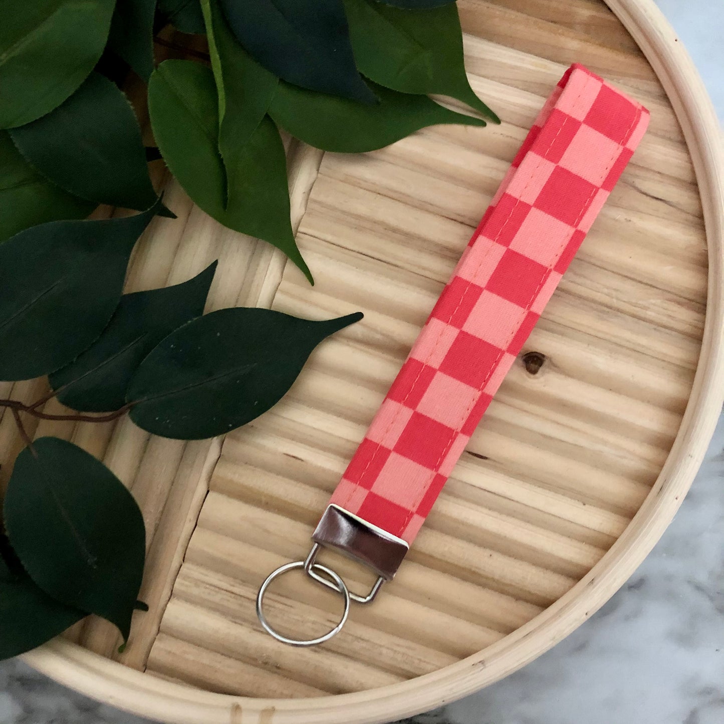 Pink Checkered Print Fabric Wristlet Keychain, Key Fob