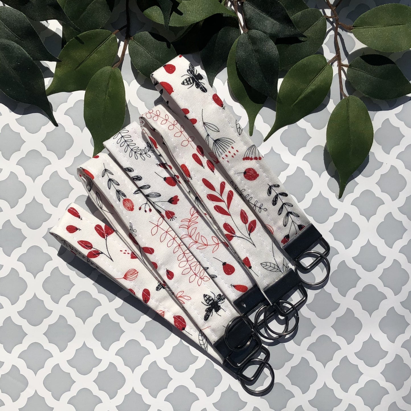 Red and White Garden Print Fabric Wristlet Keychain, Key Fob