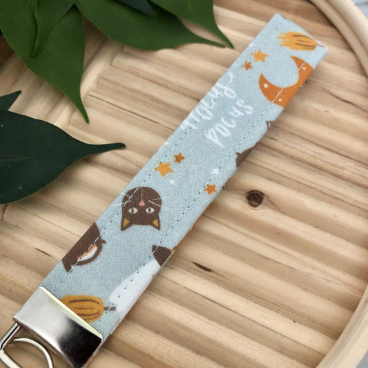 Blue Hocus Pocus Print Fabric Wristlet Keychain, Key Fob